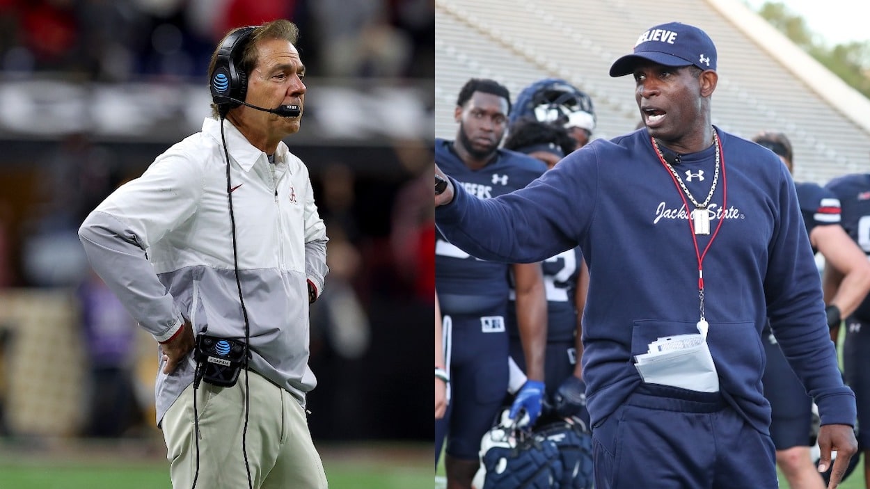 (L-R) Alabama coach Nick Saban, and Jackson State coach Deion Sanders.