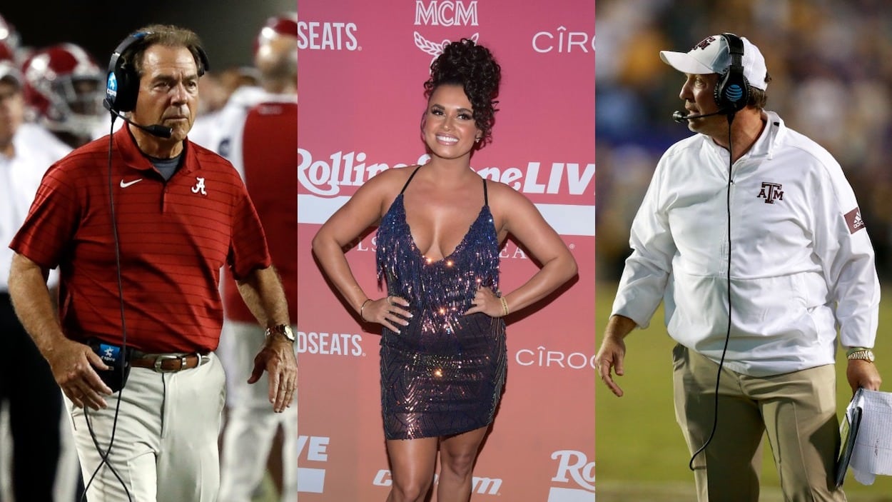 (L-R) Alabama coach Nick Saban, sports talk host Joy Taylor, Texas A&M coach Jimbo Fisher |