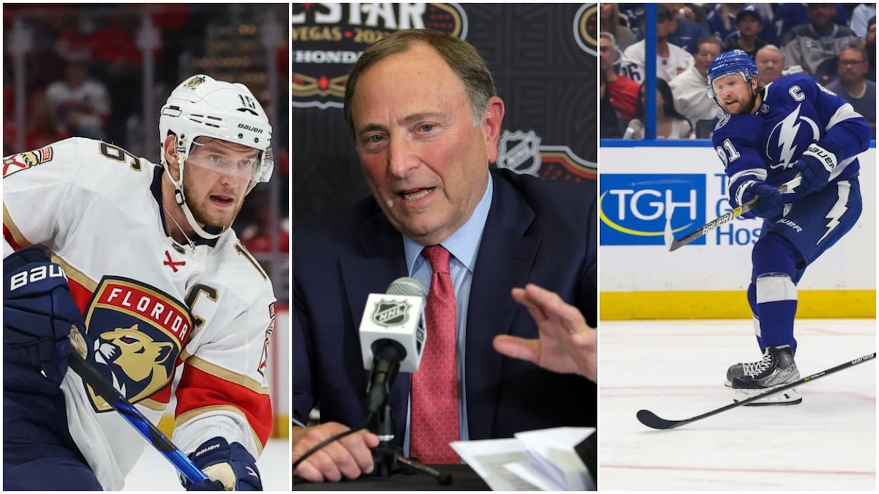 Florida Panthers forward Aleksander Barkov (L), NHL commissioner Gary Bettman (C), and Tampa Bay Lightning forward Steven Stamkos (R)