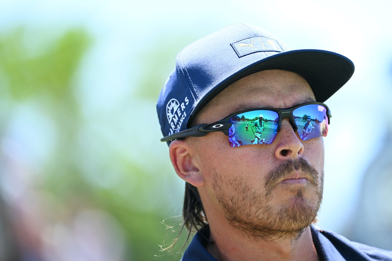 Rickie Fowler looks on during a PGA Championship practice round.