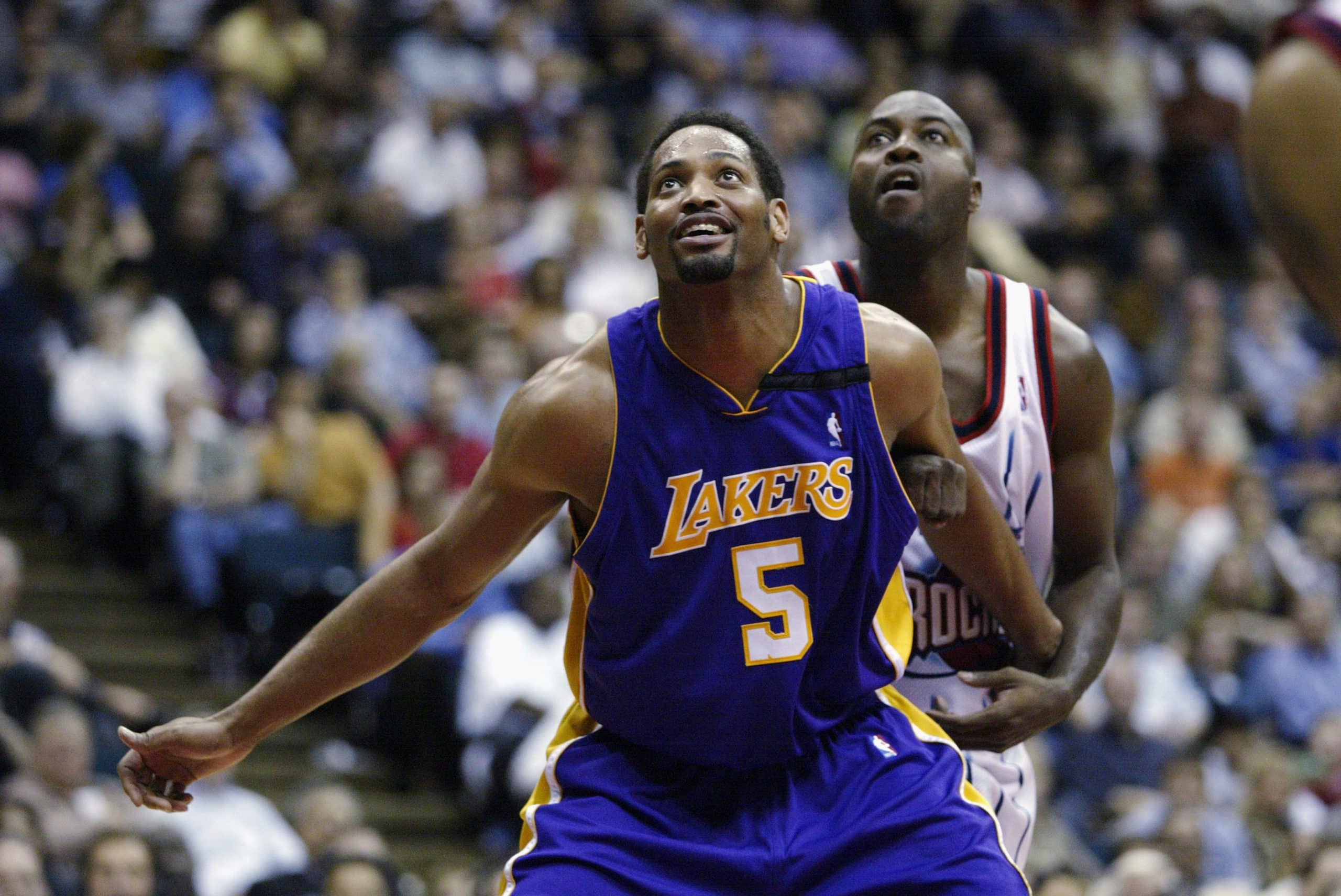 Robert Horry of the Los Angeles Lakers looks up at the ball against the Houston Rockets.