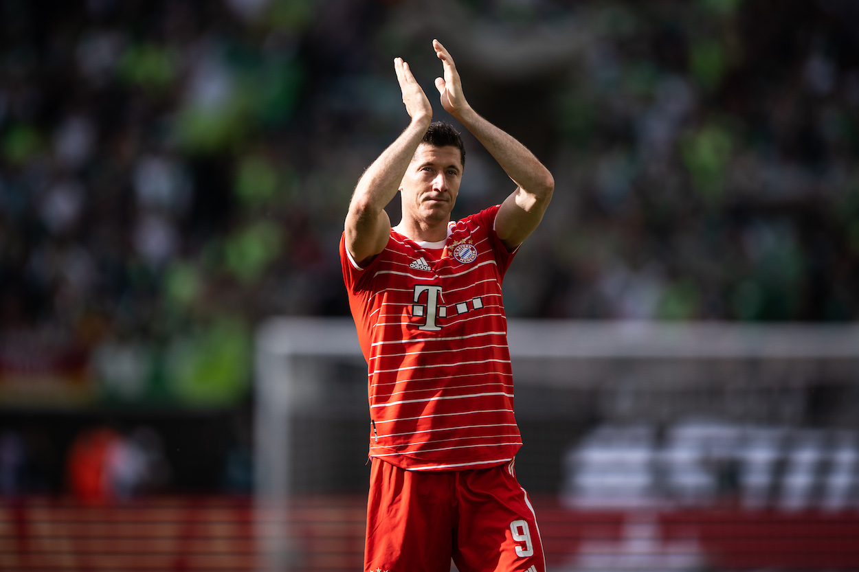 Robert Lewandowski of Bayern Munich shows appreciation to the fans.