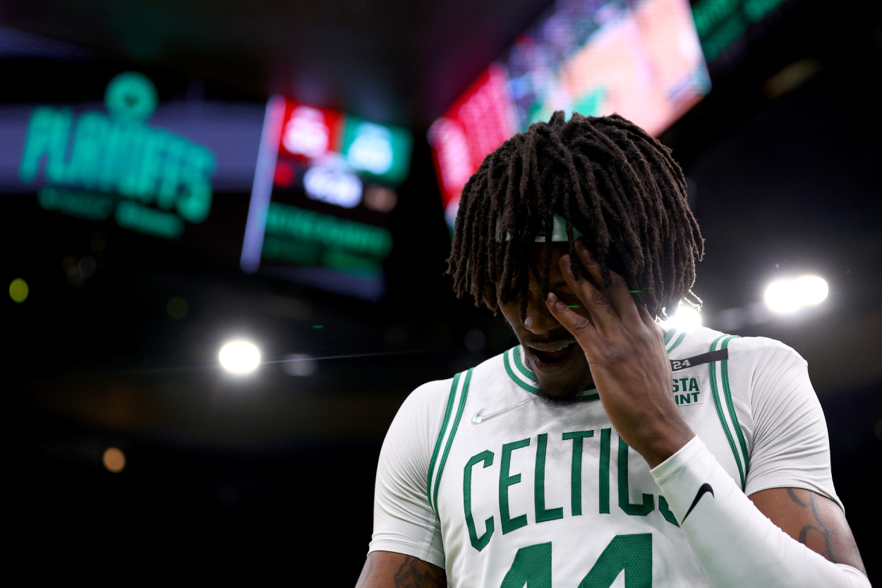 Robert Williams III of the Boston Celtics reacts against the Miami Heat.