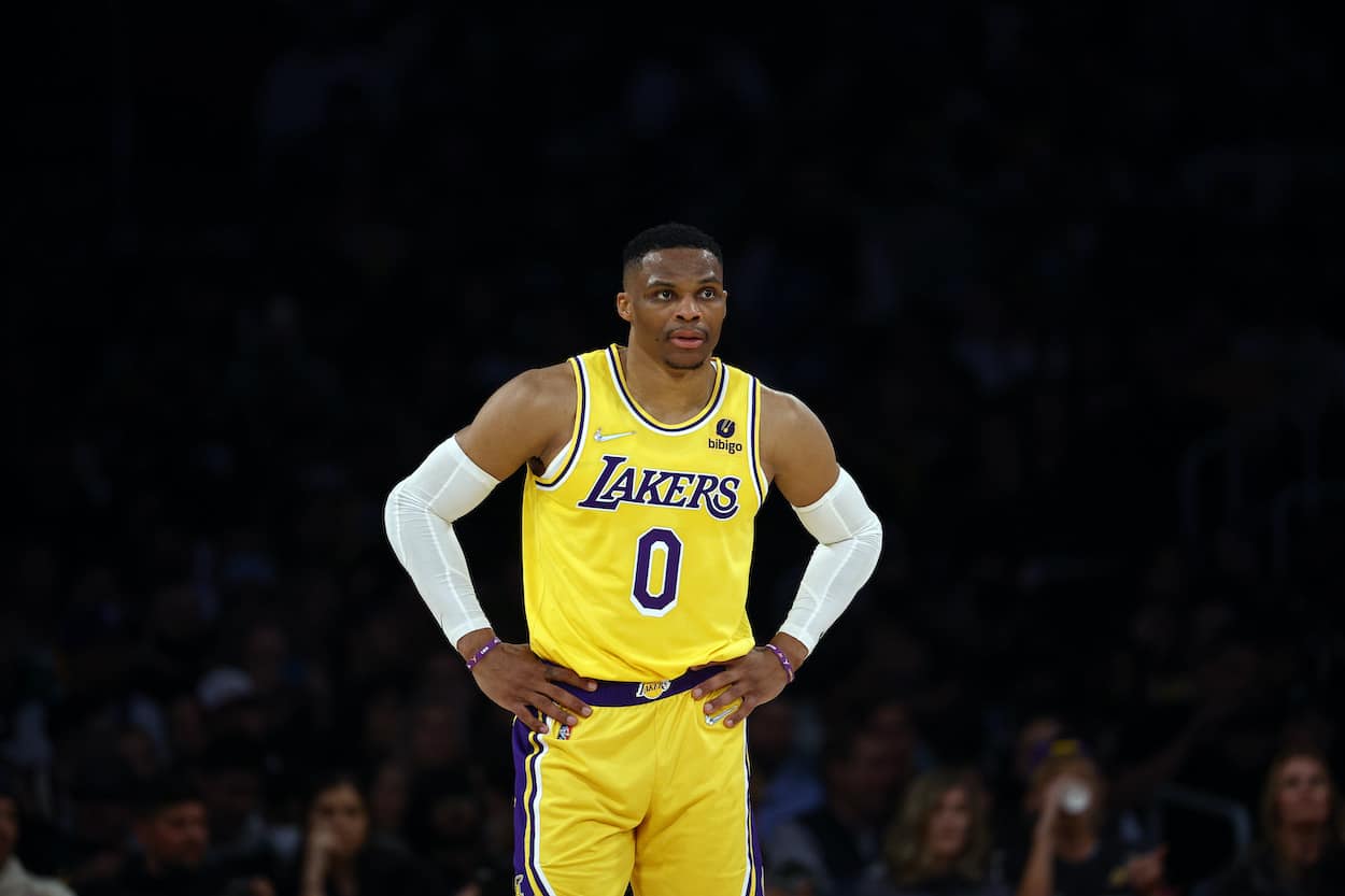 Russell Westbrook looks on during a game.