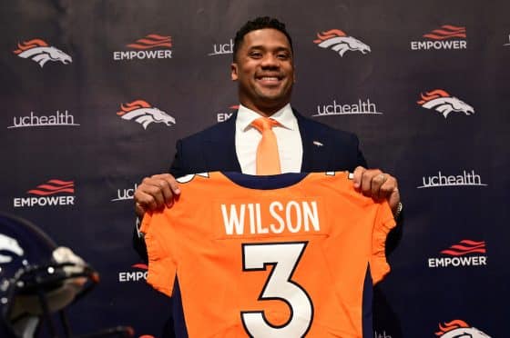 Russell Wilson at his introductory press conference with the Denver Broncos