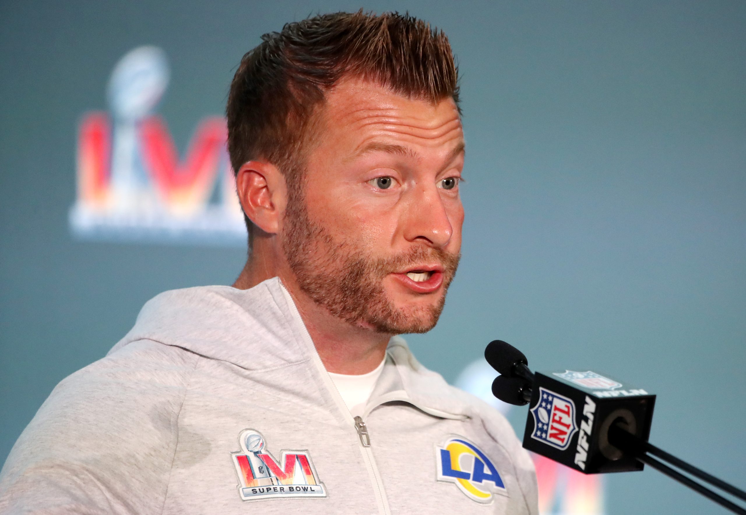 Head coach Sean McVay of the Los Angeles Rams speaks to media during the Super Bowl 56 head coach and MVP press conference.
