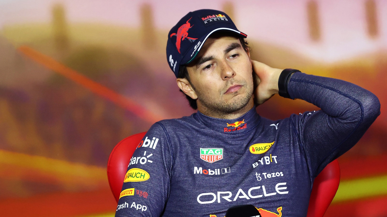 Sergio Perez of Mexico and Oracle Red Bull Racing looks on in the press conference after the Formula 1 Grand Prix of Spain at Circuit de Barcelona-Catalunya on May 22, 2022.