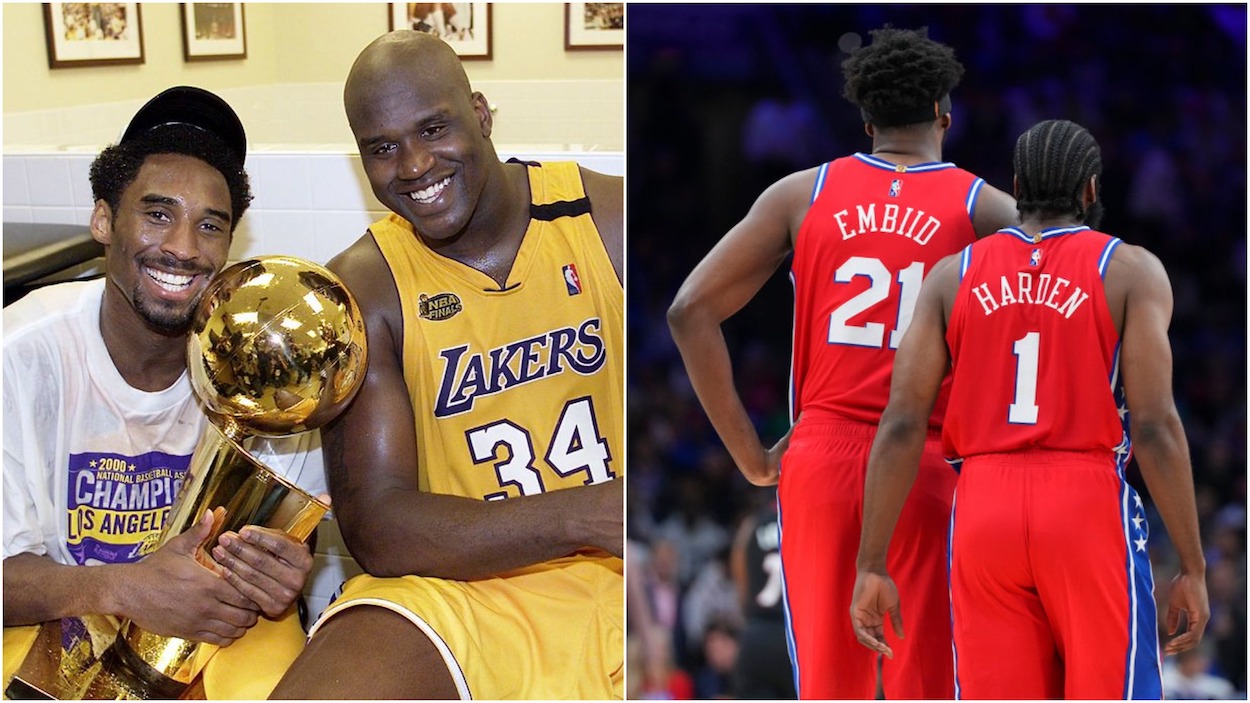 The duos of Shaquille O'Neal and Kobe Bryant (L) and James Harden and Joel Embiid (R)