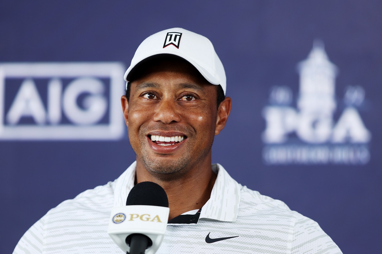 Tiger Woods at a press conference ahead of the 2022 PGA Championship at Southern Hills