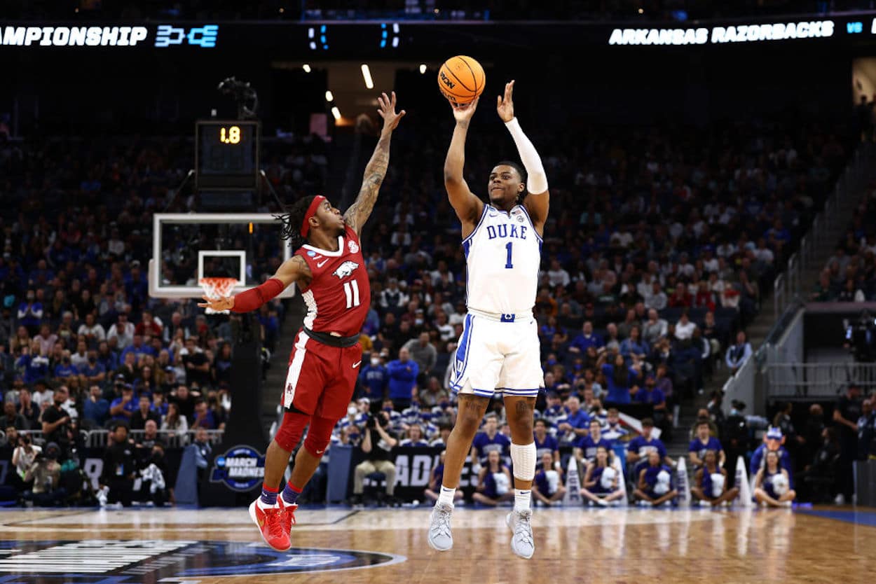 Trevor Keels puts up a shot for the Duke Blue Devils.