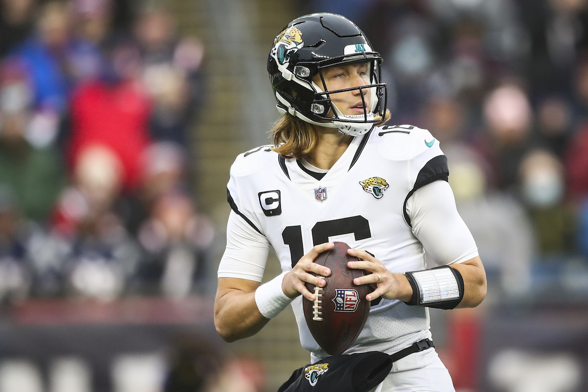 Trevor Lawrence drops back to throw a pass for the Jacksonville Jaguars