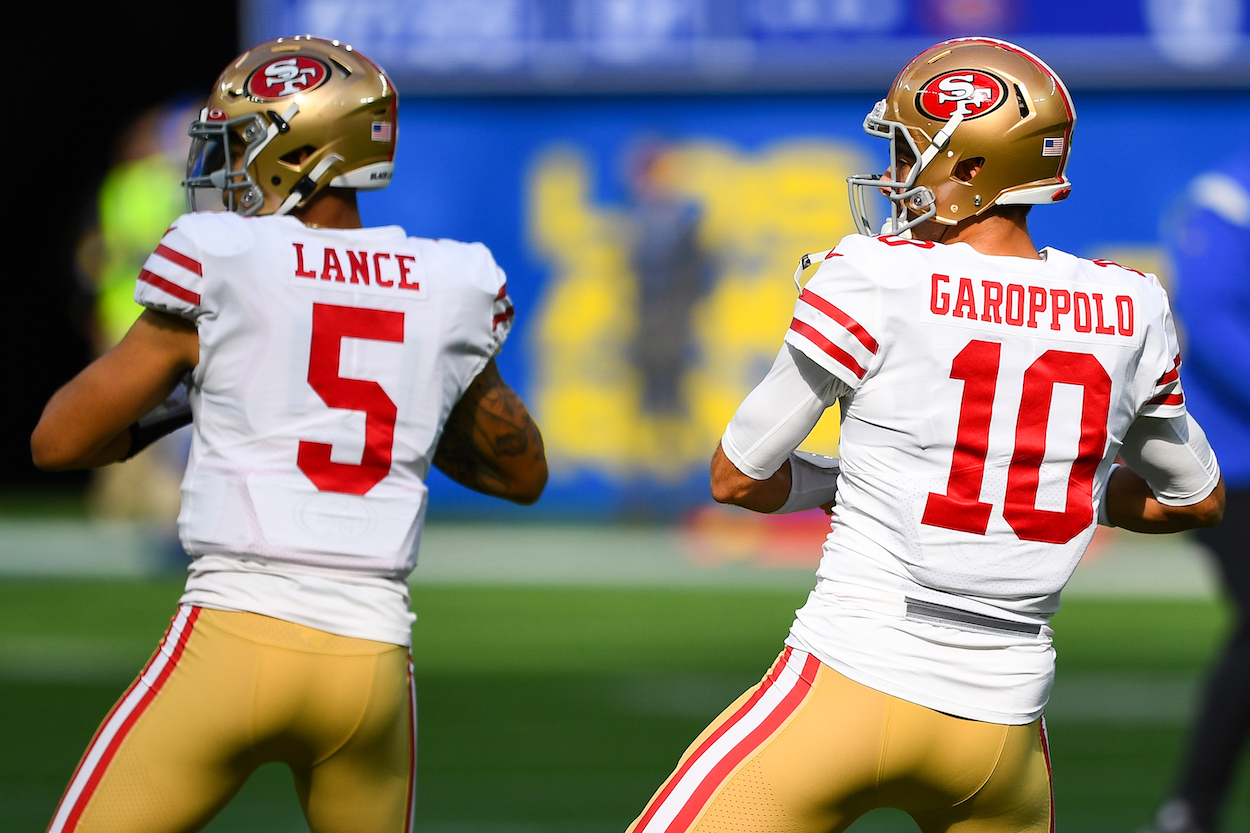 San Francisco 49ers Quarterback Trey Lance and San Francisco 49ers Quarterback Jimmy Garoppolo.