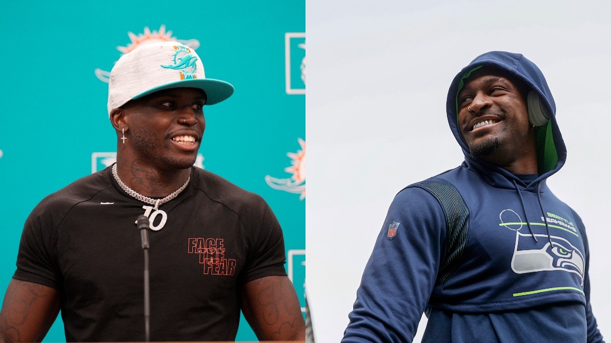 (L-R) Miami Dolphins WR Tyreek Hill and Seattle Seahawks WR DK Metcalf.