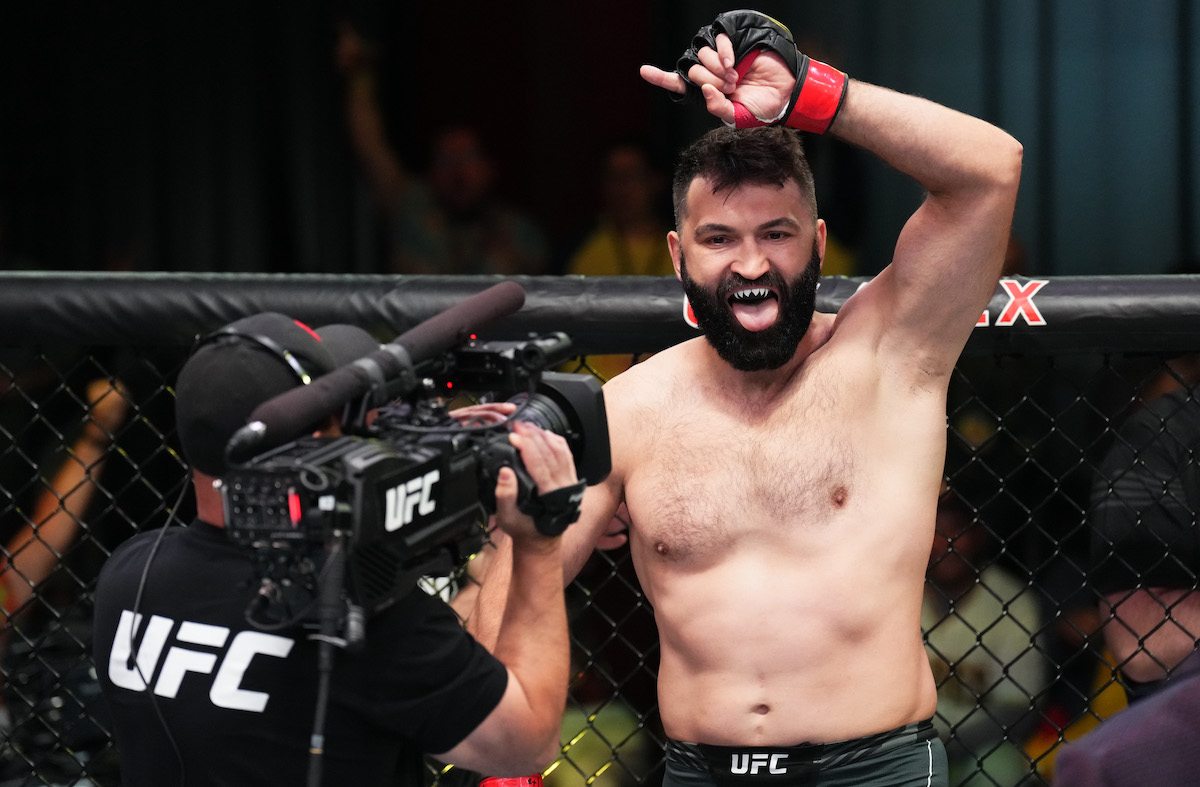 Andrei Arlovski of Belarus sticks out his tongue at the camera before a fight against Jake Collier