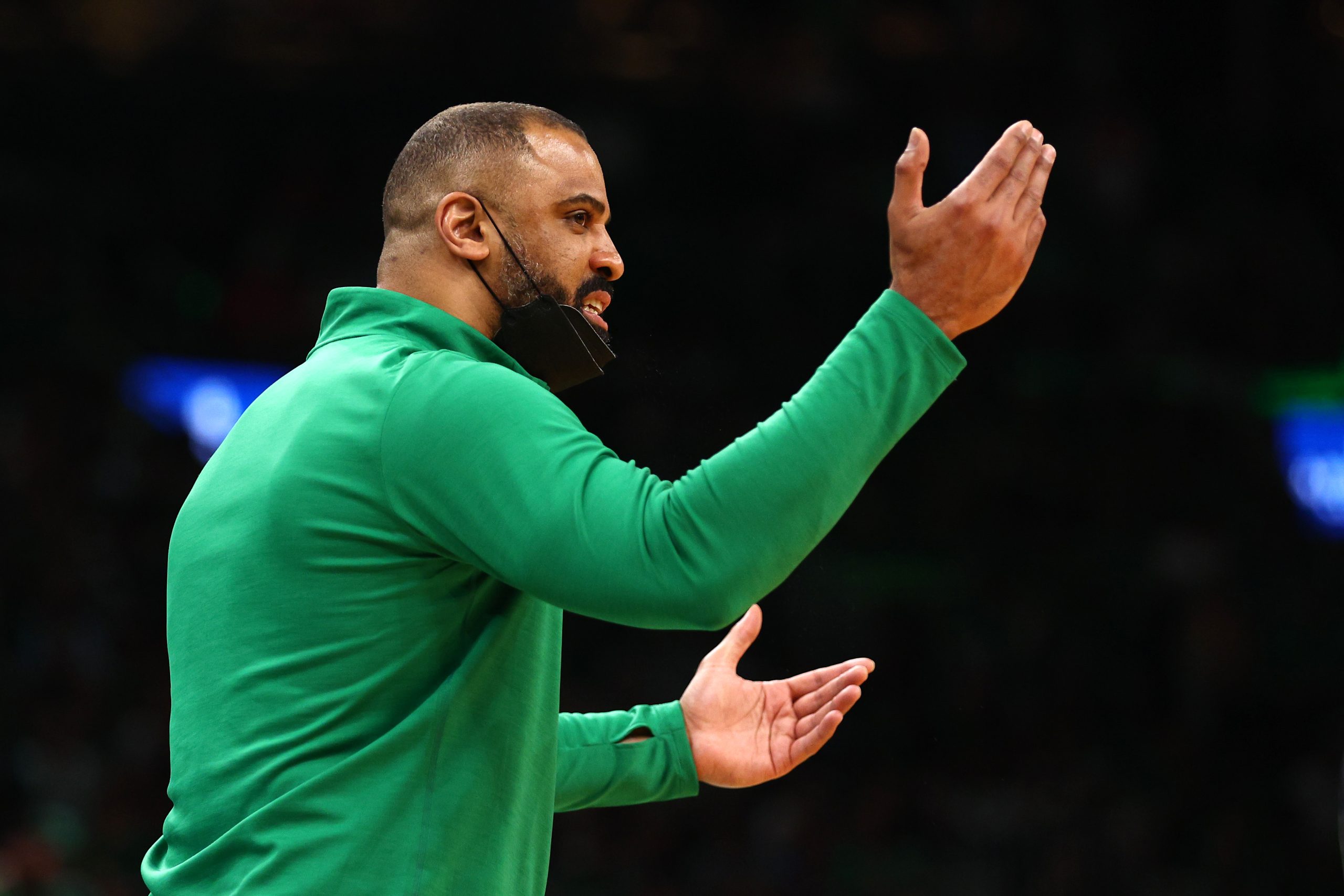 Head coach Ime Udoka of the Boston Celtics reacts in the third quarter against the Miami Heat.
