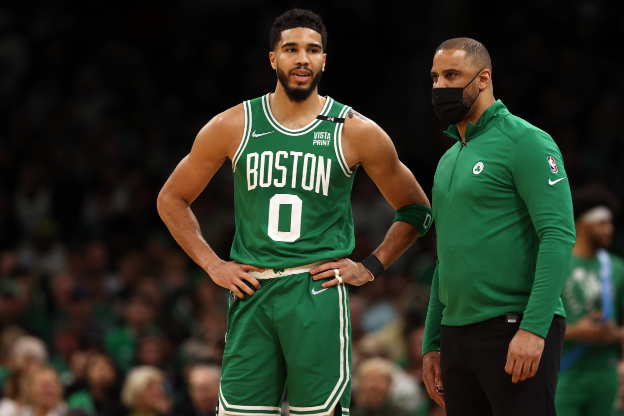 Boston Celtics head coach Ime Udoka talks with Jayson Tatum during the first quarter of Game 2 of the Eastern Conference Semifinals against the Milwaukee Bucks.