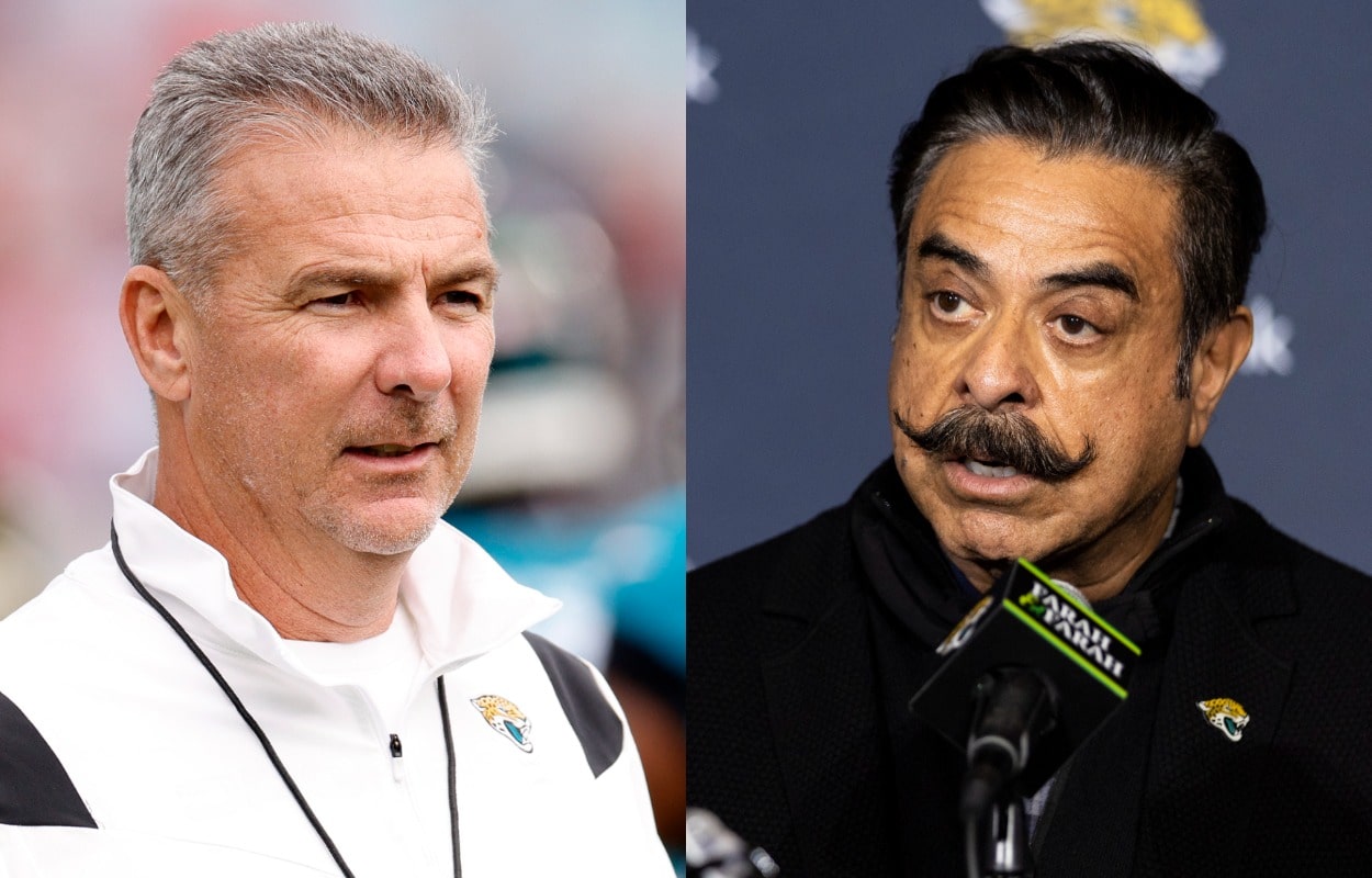 Former Jacksonville Jaguars coach Urban Meyer and Jaguars owner Shad Khan.