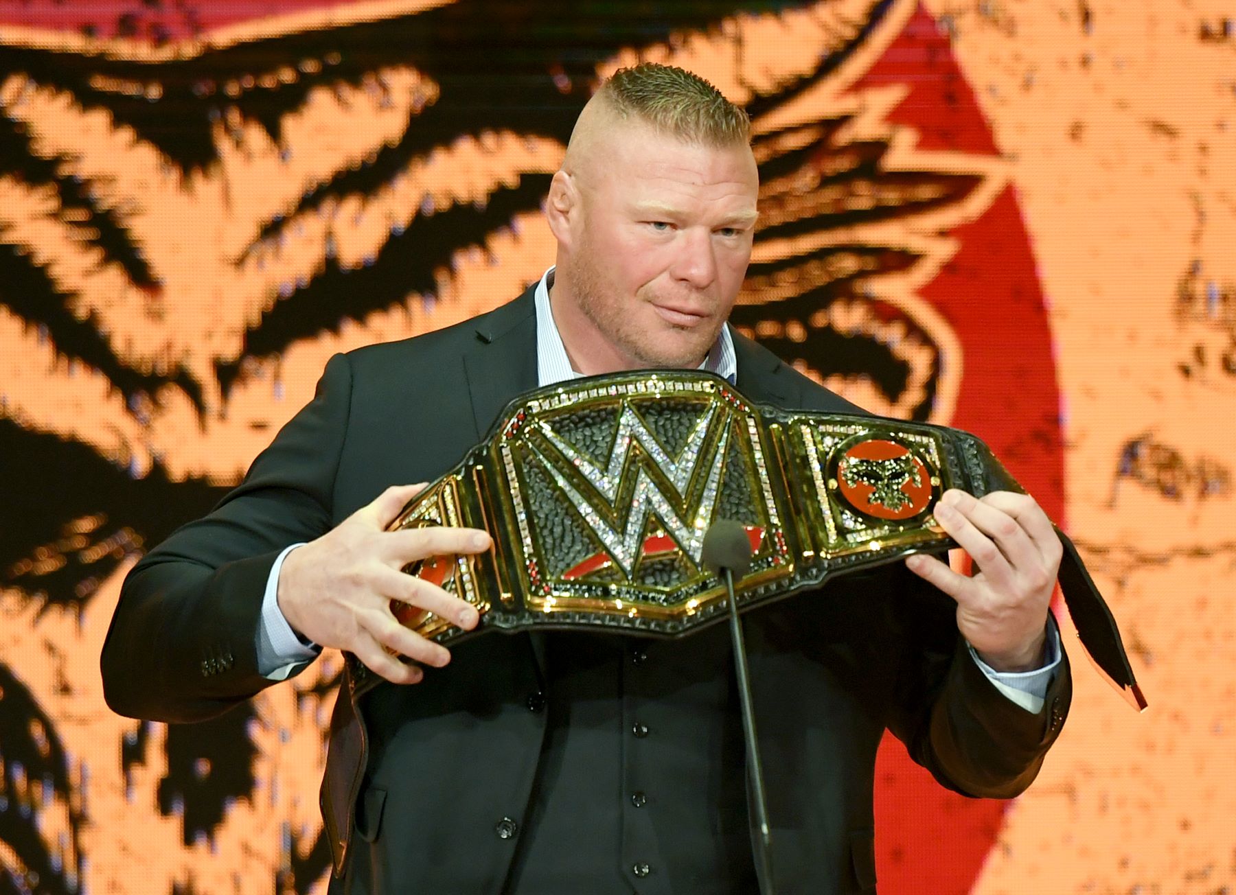 WWE champion Brock Lesnar at a press conference to announce a fight against the UFC heavyweight champion Cain Velasquez