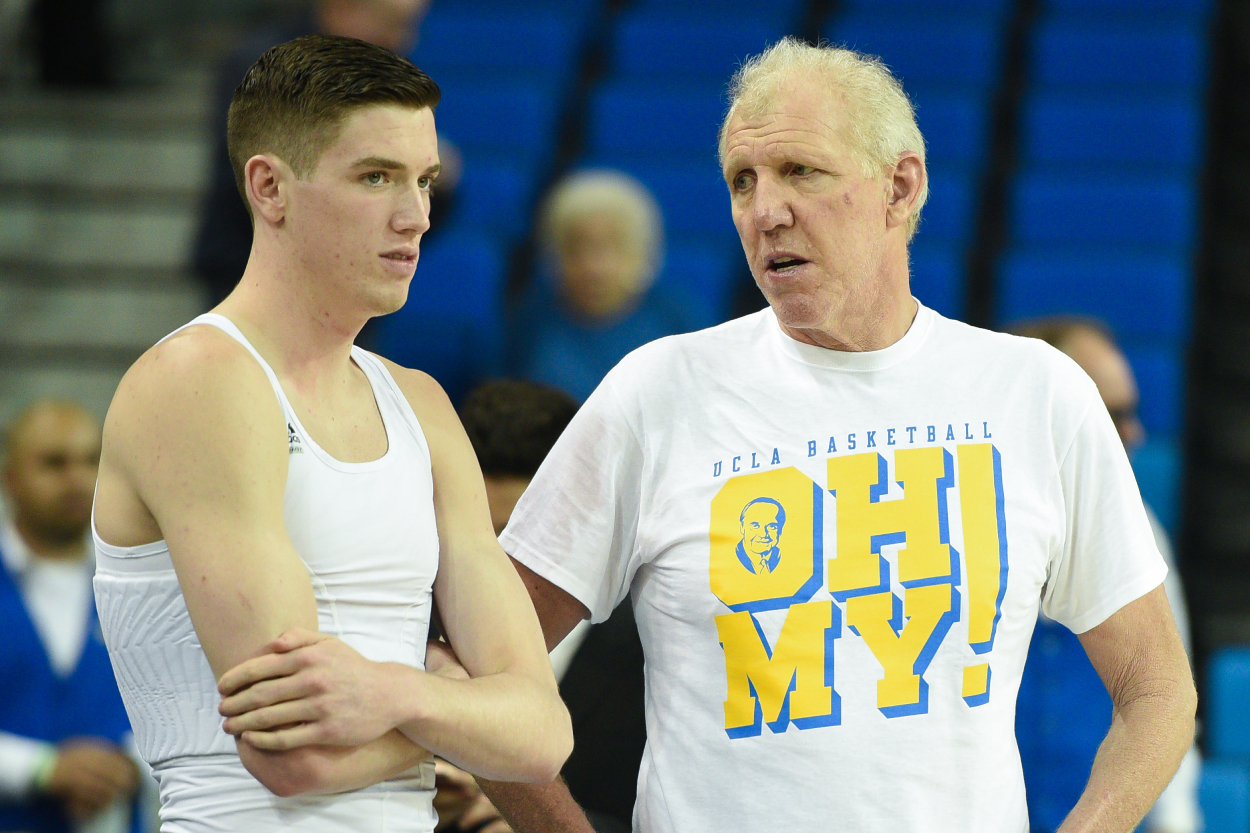 UCLA forward TJ Leaf chats with Bill Walton before a college basketball game between the Oregon Ducks and the UCLA Bruins on February 9, 2017, at Pauley Pavilion in Los Angeles, CA.