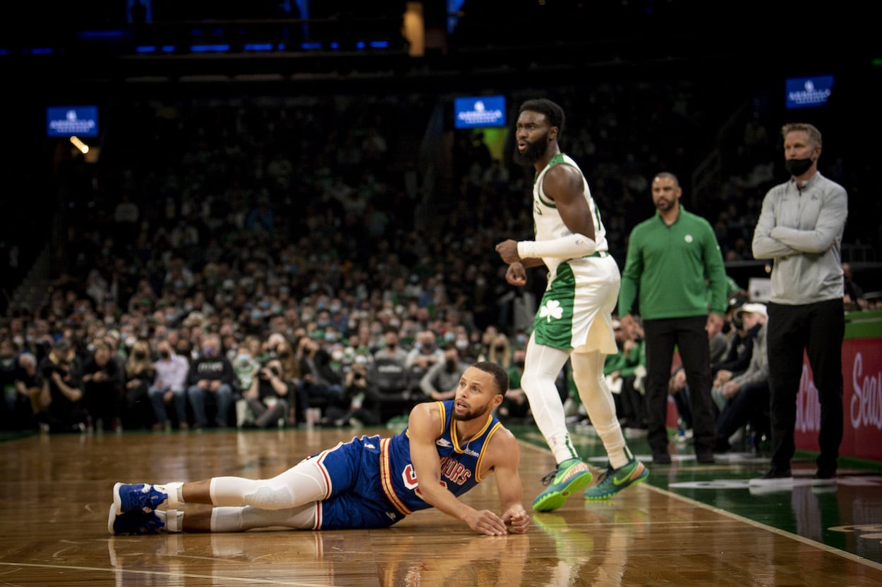 Stephen Curry looks on against the Celtics.