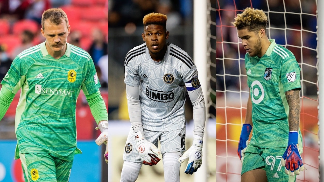 The best MLS goalkeepers in 2022 include (L-R) Nashville SC's Joe Willis, Philadelphia Union's Andre Blake, and Minnesota United's Dayne St. Clair