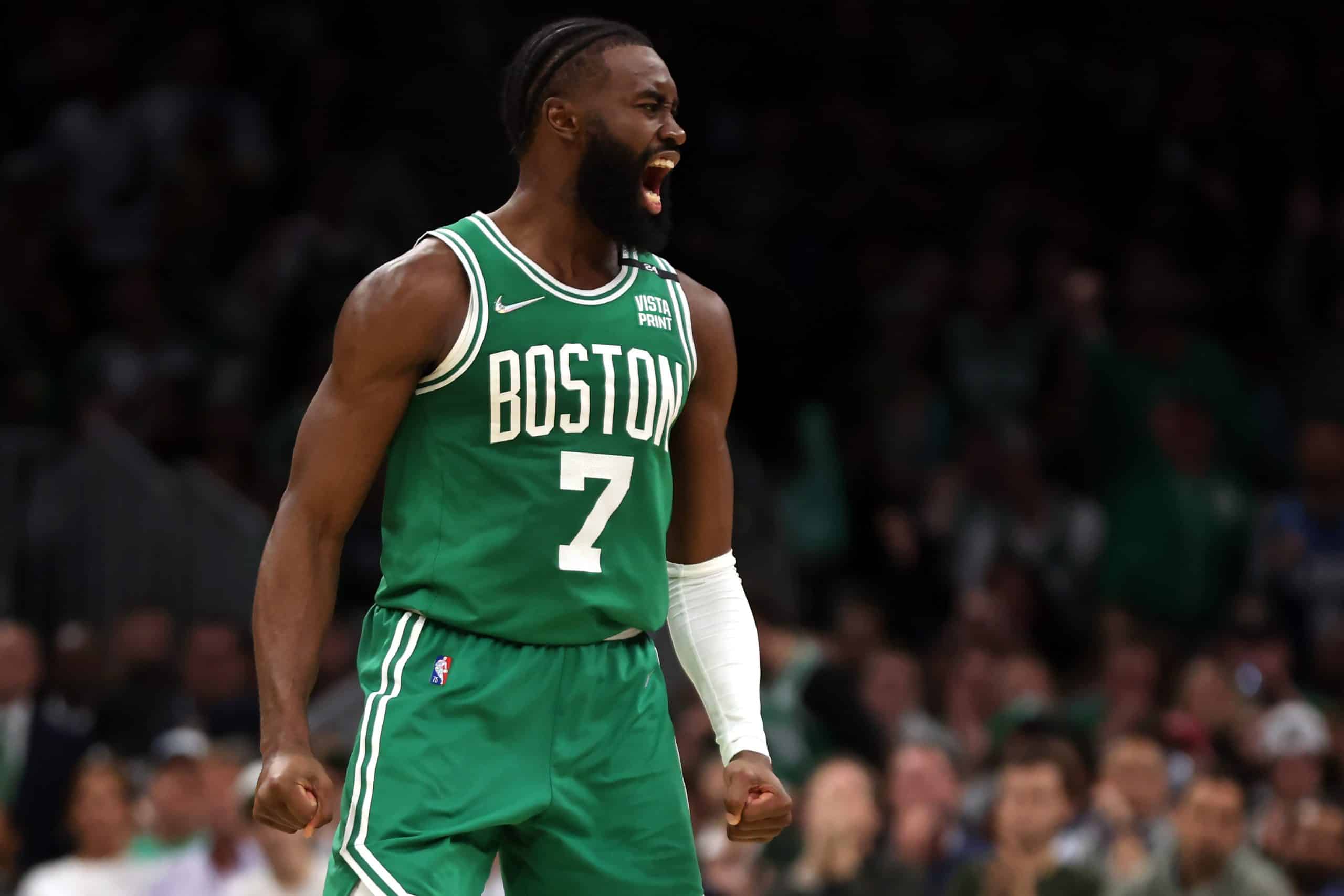 Jaylen Brown of the Boston Celtics celebrates after scoring against the Milwaukee Bucks.