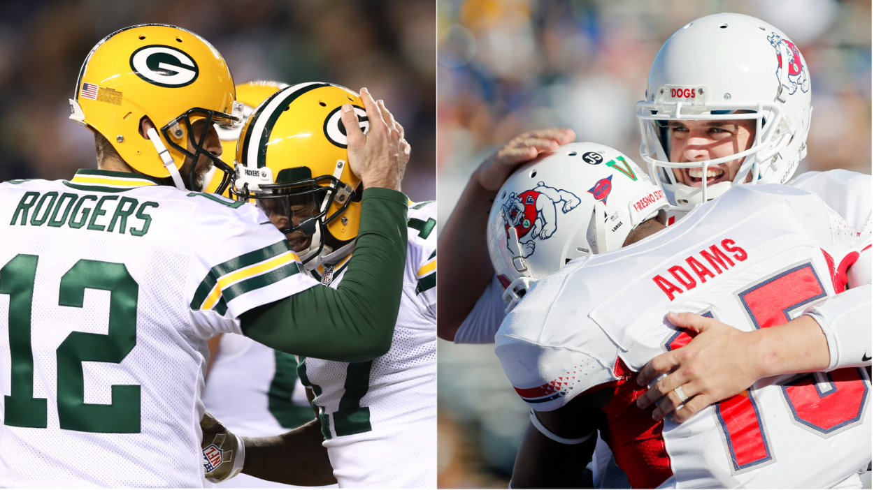 (L-R) Aaron Rodgers and Davante Adams with the Green Bay Packers; Las Vegas Raiders Derek Carr and Adams together at Fresno State.