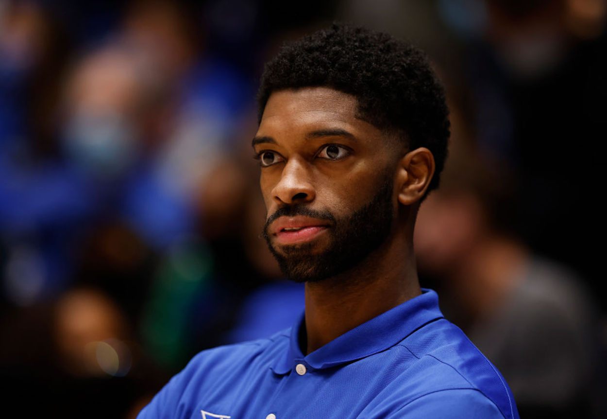 Duke assistant coach Amile Jefferson looks on from the sidelines.