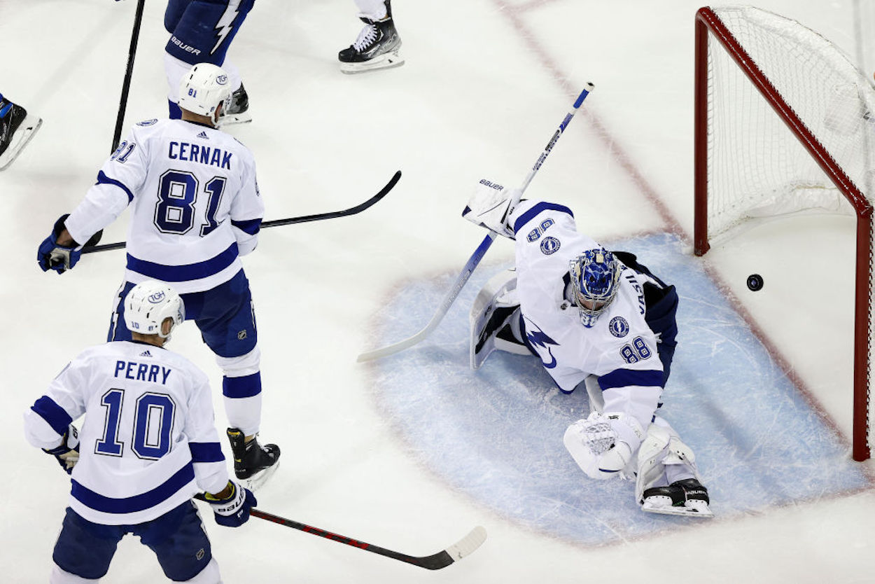 Andrei Vasilevskiy gives up a goal during Game 1 of the Eastern Conference Finals.