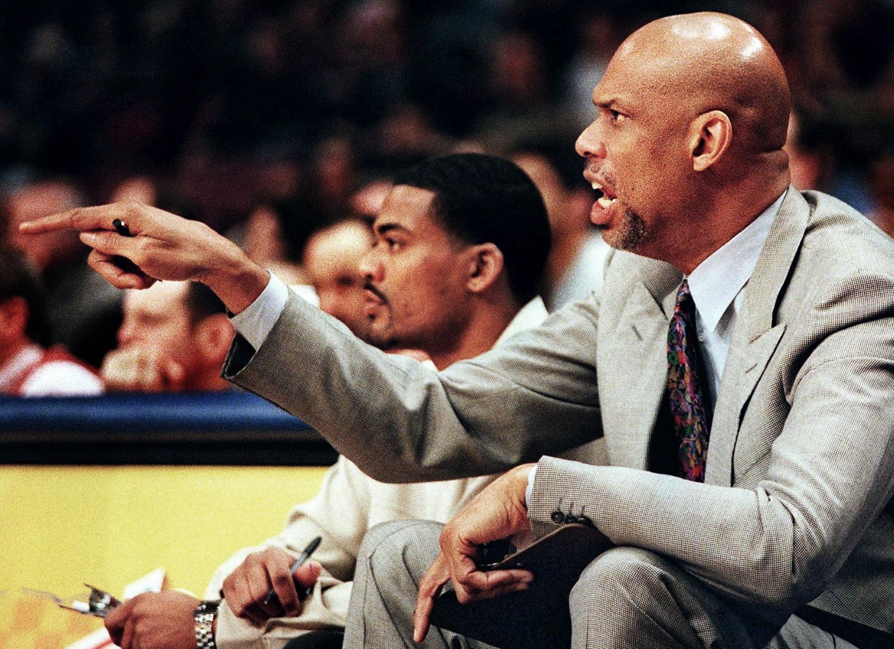 Los Angeles Lakers Assistant Coach Kareem Abdul-Jabbar during a game against the New York Nicks at Madison Square Garden