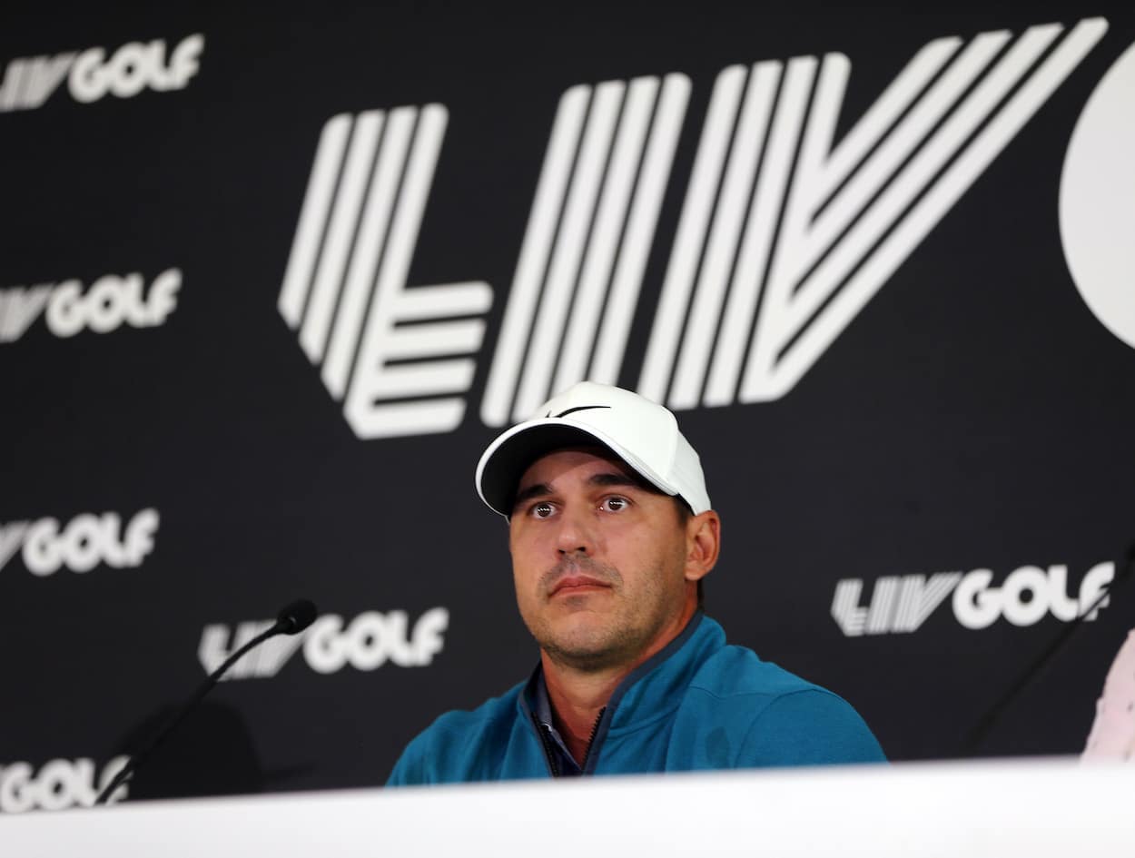 Brooks Koepka speaks to the media.