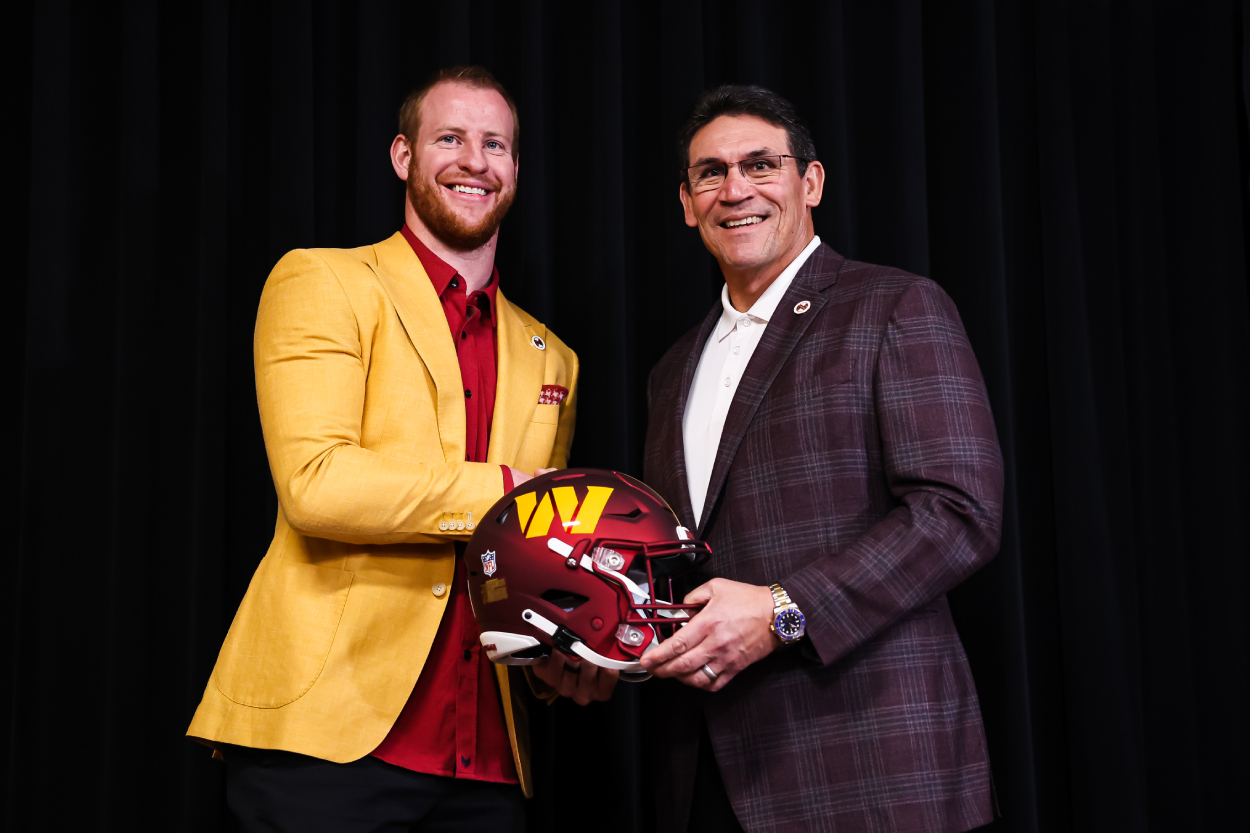 Former Indianapolis Colts and current Washington Commanders quarterback Carson Wentz with Commanders coach Ron Rivera in 2022.