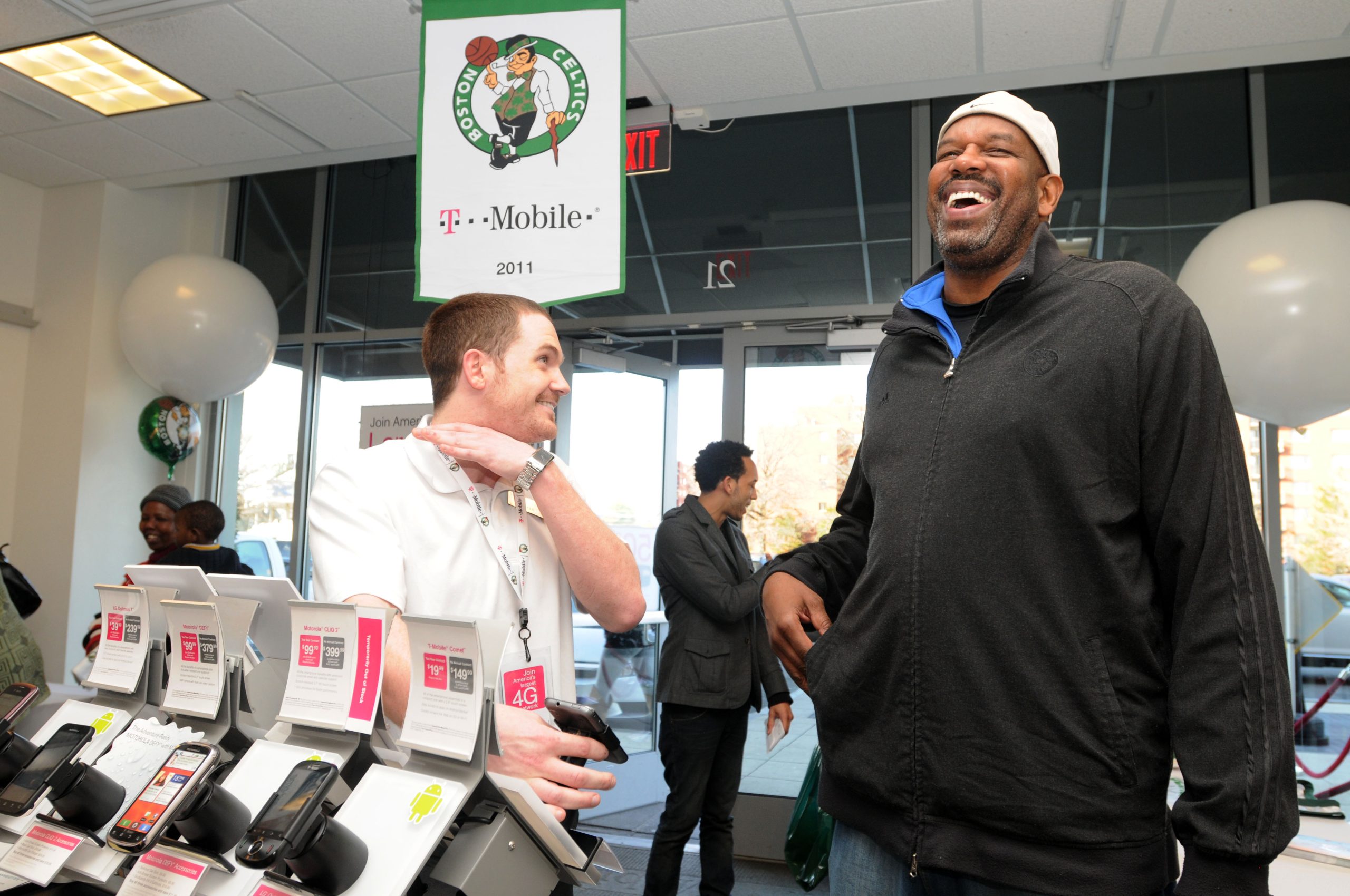Boston Celtics legend Cedric Maxwell does a meet and greet at the T-Mobile celebration of the partnership with Boston Celtics.