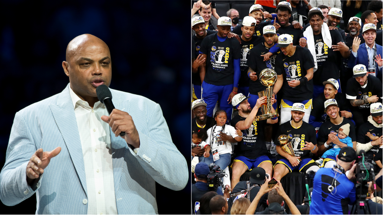 (L-R) TNT Analyst Charles Barkley, the Golden State Warriors celebrate winning the 2021-22 NBA championship.