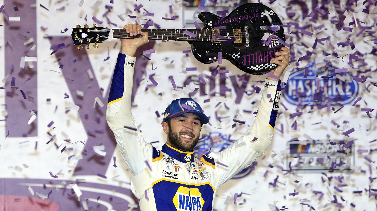 Chase Elliott celebrates after winning the NASCAR Cup Series Ally 400 on June 26, 2022.