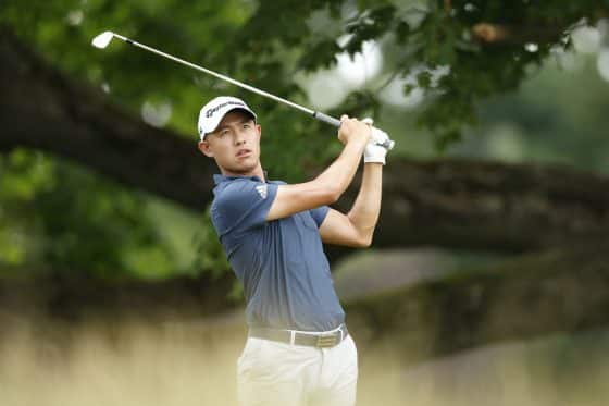 Collin Morikawa plays a shot during a U.S. Open practice round.