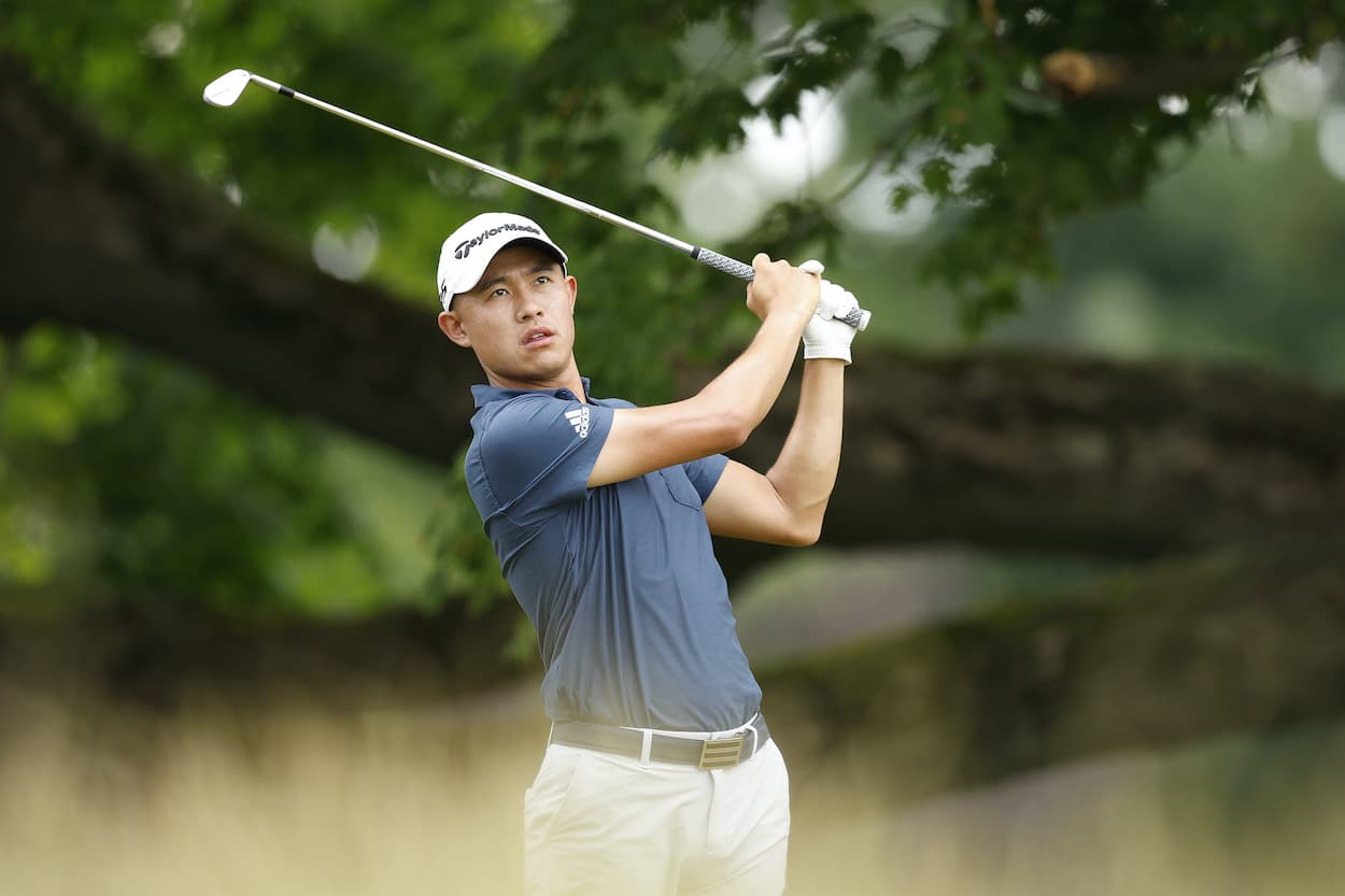 Collin Morikawa plays a shot during a U.S. Open practice round.