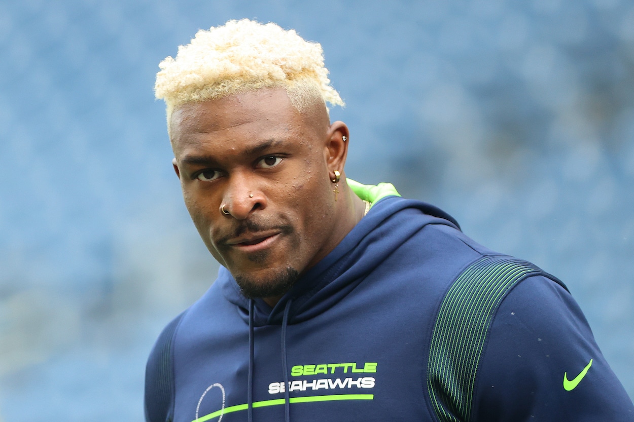 DK Metcalf of the Seattle Seahawks looks on before the game.