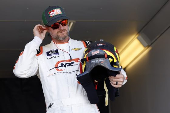 Dale Earnhardt Jr. prepares to practice for the CARS Late Model Stock Car Tour Window World 125 at North Wilkesboro Speedway on May 17, 2023.