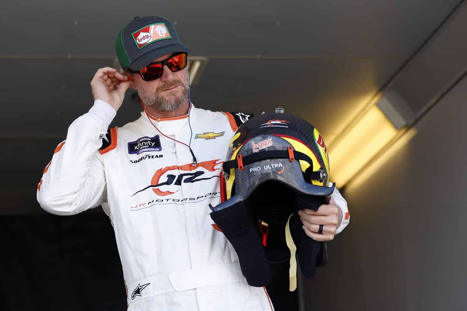 Dale Earnhardt Jr. prepares to practice for the CARS Late Model Stock Car Tour Window World 125 at North Wilkesboro Speedway on May 17, 2023.