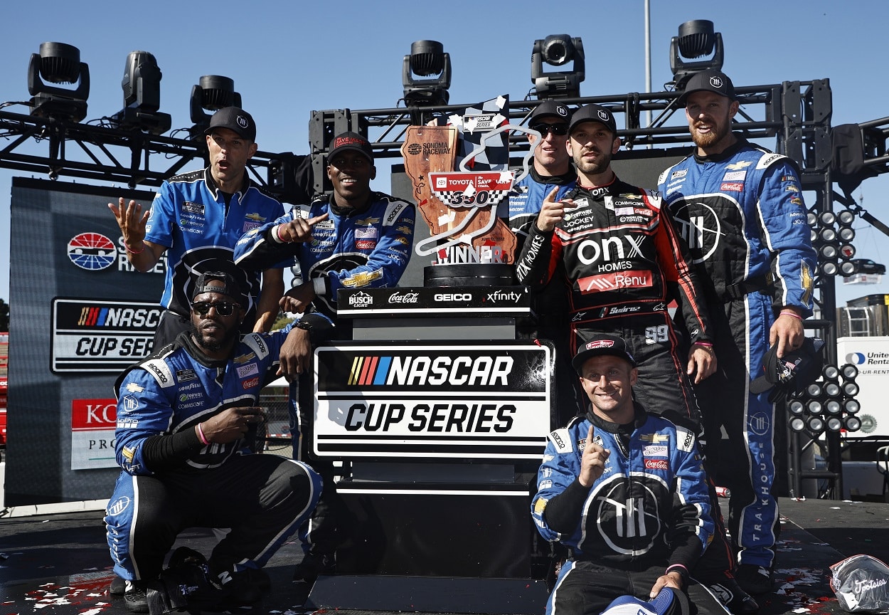 Daniel Suarez celebrates after winning the 2022 NASCAR Cup Series Toyota/Save Mart 350