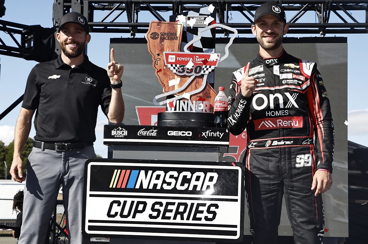 Daniel Suarez and Trackhouse Racing teammate Ross Chastain following the NASCAR Cup Series Toyota/Save Mart 350