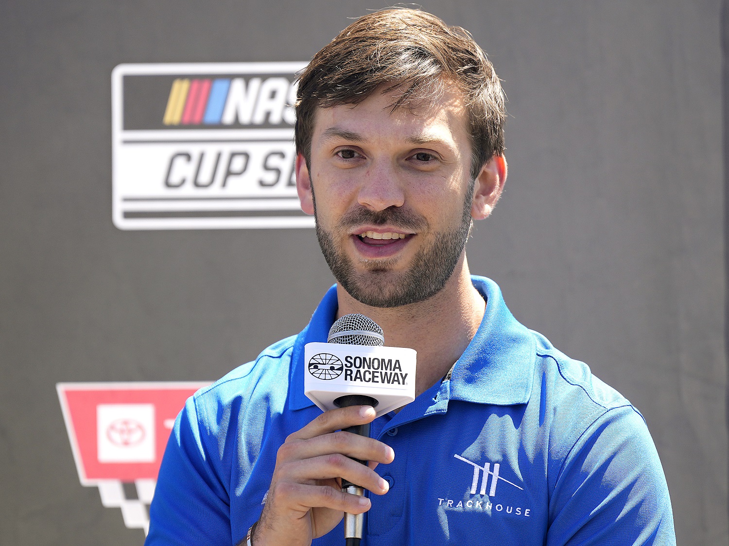 NASCAR driver Daniel Suarez speaks to the media during a press conference on June 9, 2022, in San Francisco, California.