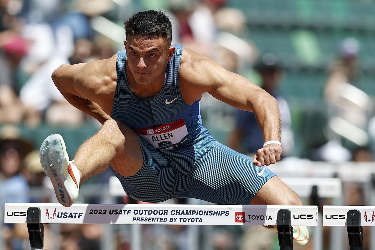 Devon Allen competes in the 110m hurdles.