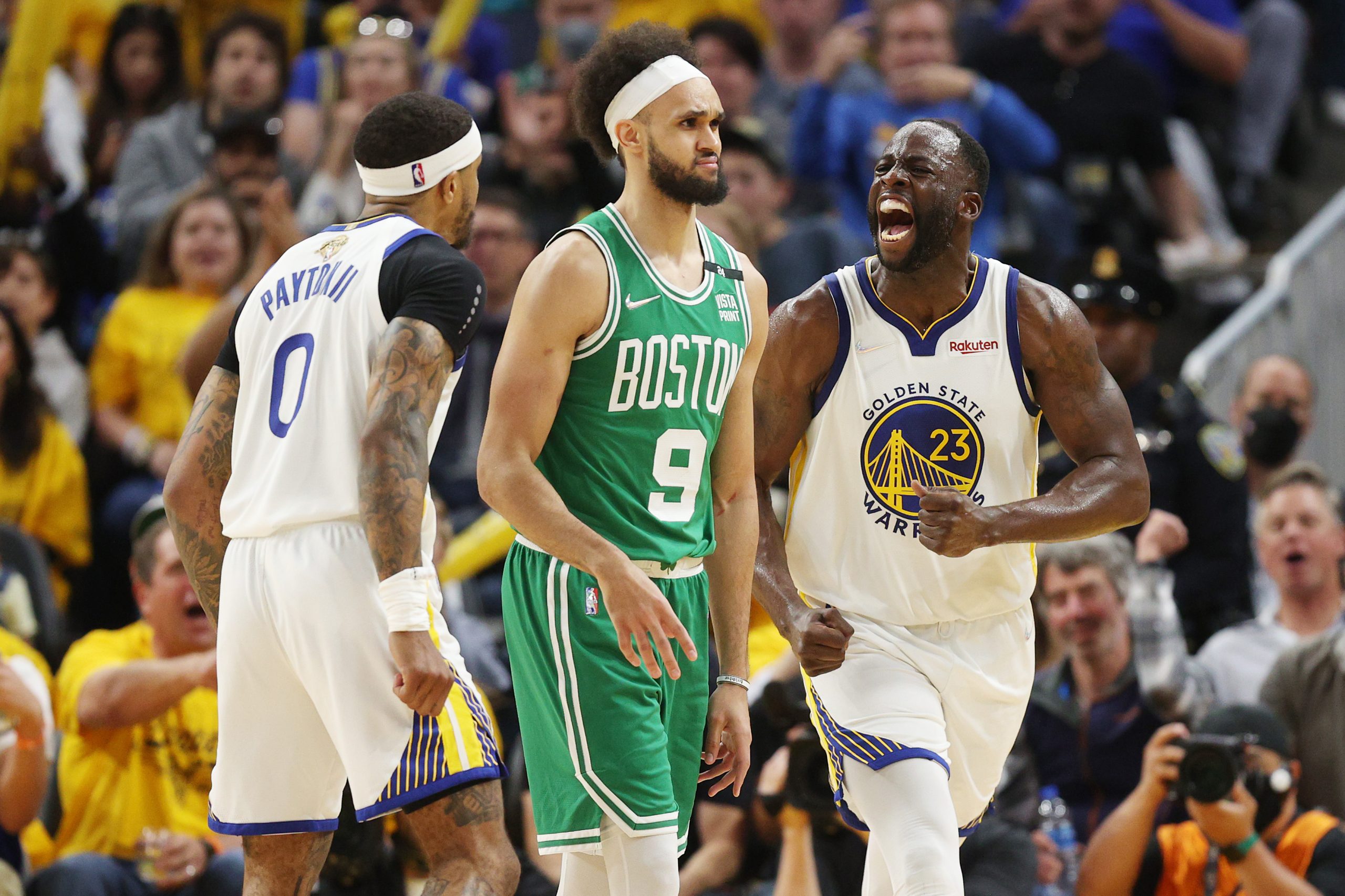 Draymond Green of the Golden State Warriors reacts during the third quarter against the Boston Celtics.