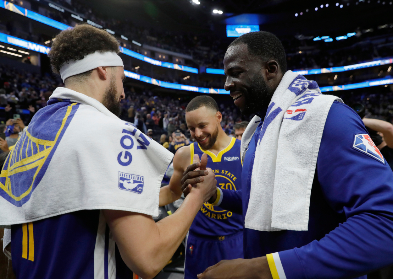 Golden State Warriors stars Klay Thompson, Stephen Curry, and Draymond Green in 2022.
