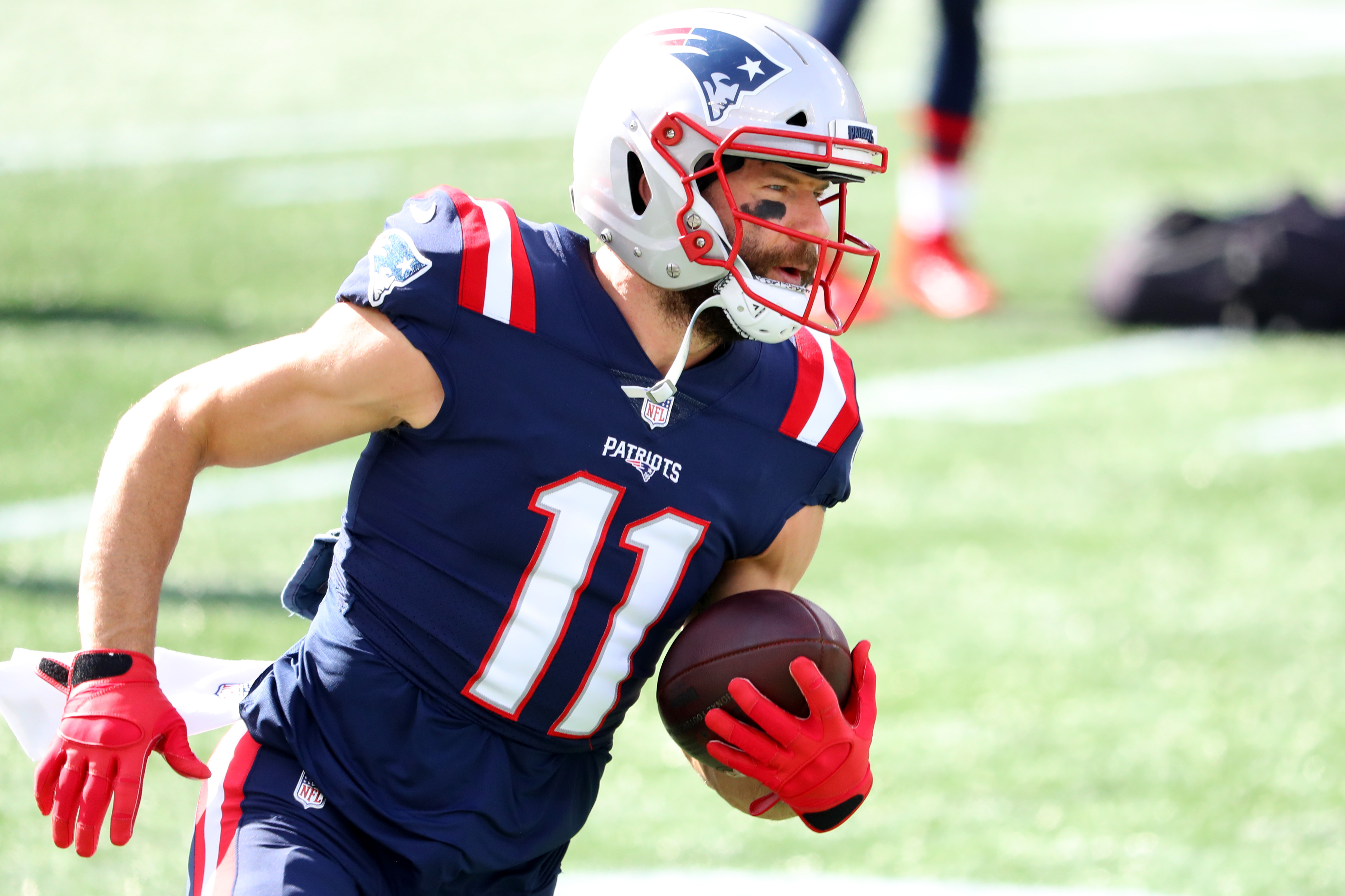 Julian Edelman of the New England Patriots warms up before the game against the Denver Broncos at Gillette Stadium on October 18, 2020.