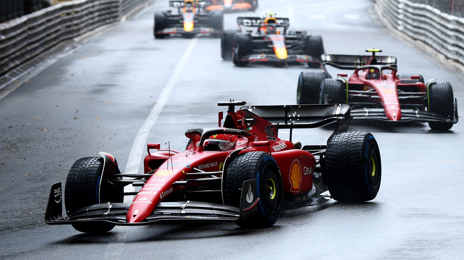 Charles Leclerc leads Carlos Sainz during the Formula 1 Grand Prix of Monaco at Circuit de Monaco on May 29, 2022.