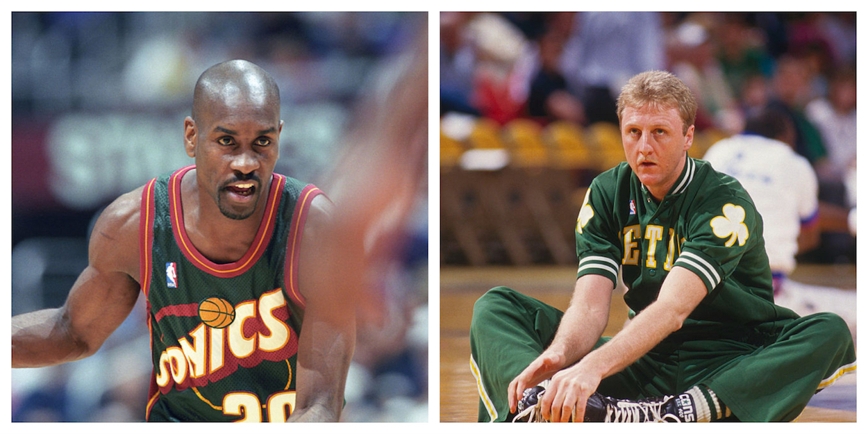 Gary Payton (L) and Larry Bird (R) during their NBA careers