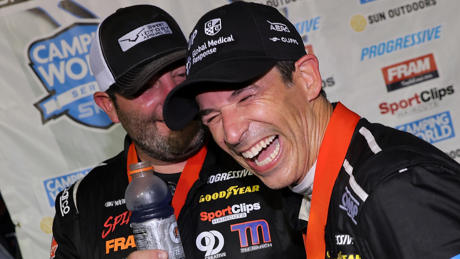 Hélio Castroneves celebrates after winning a Camping World Superstar Racing Experience event at Five Flags Speedway on June 18, 2022, in Pensacola, Florida.